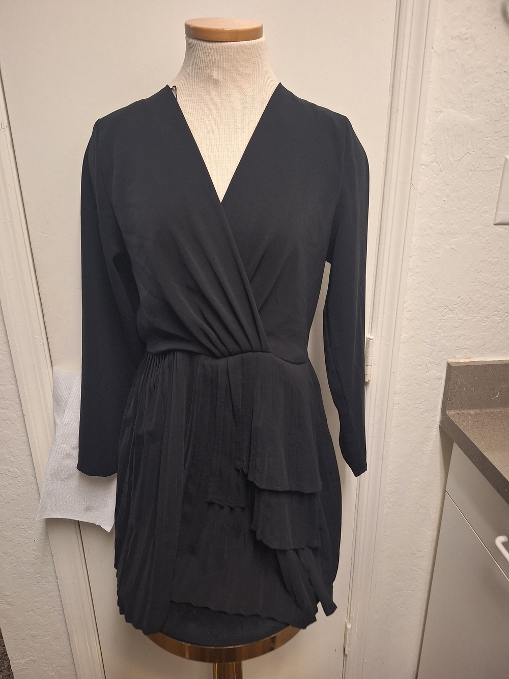 Zara Black Long-Sleeve Wrap Mini Dress with Tiered Pleats